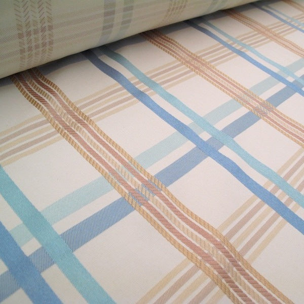  BRAXTON CHECK BLUE/CREAM fabric by Arte Fresca Outlet, a full view displaying its finely woven check pattern in soft blue, cream, and subtle brown tones, highlighting its timeless elegance and quality texture.
