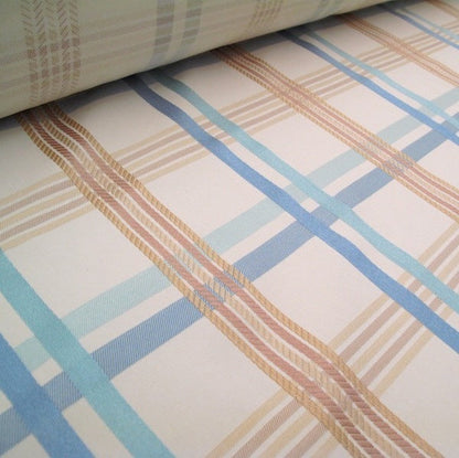  BRAXTON CHECK BLUE/CREAM fabric by Arte Fresca Outlet, a full view displaying its finely woven check pattern in soft blue, cream, and subtle brown tones, highlighting its timeless elegance and quality texture.
