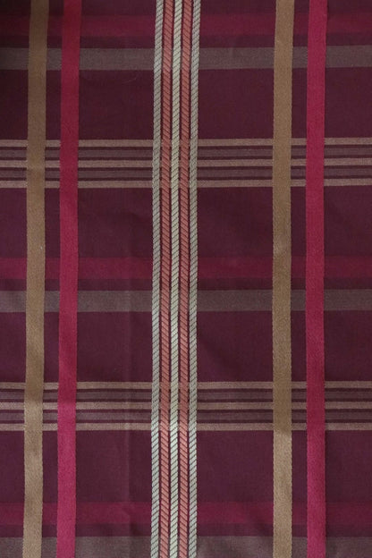 Braxton Check Burgundy fabric by Arte Fresca Outlet, showing a large section of the woven plaid pattern in deep burgundy, gold, beige, and rose tones, highlighting its classic design.