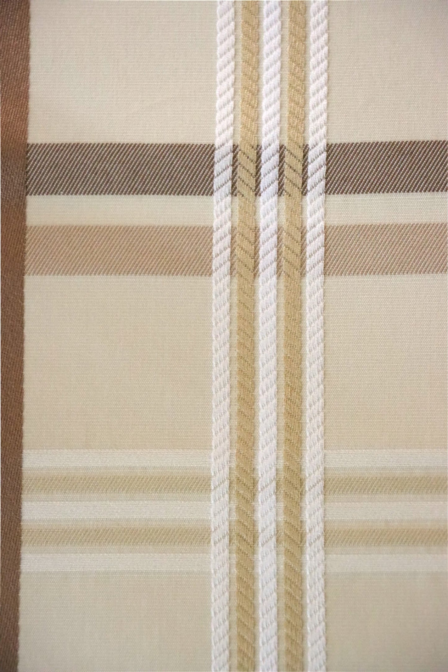Close-up of Braxton Check fabric from Arte Fresca Outlet, highlighting the intricate woven texture and subtle color variations of the beige and brown plaid.