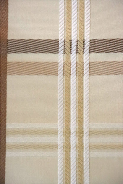 Close-up of Braxton Check fabric from Arte Fresca Outlet, highlighting the intricate woven texture and subtle color variations of the beige and brown plaid.