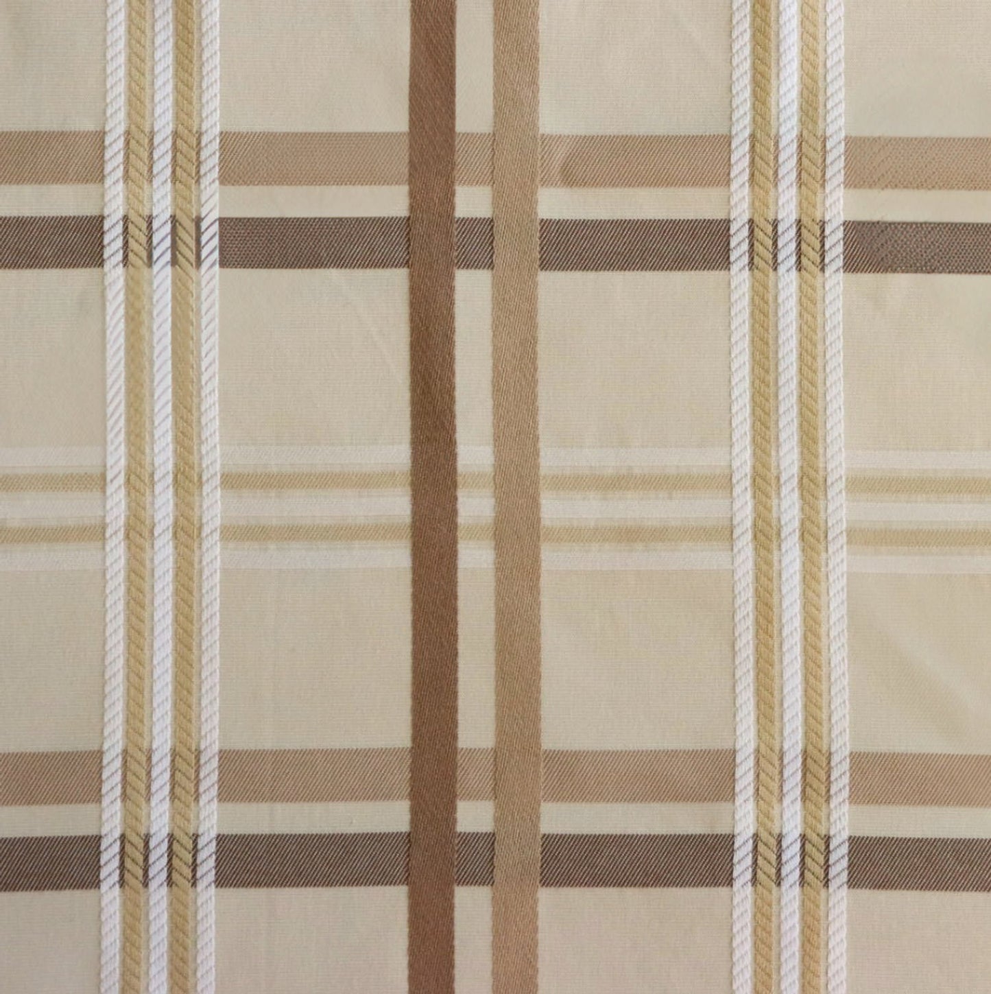Close-up of Braxton Check fabric from Arte Fresca Outlet, highlighting the intricate woven texture and subtle color variations of the beige and brown plaid.