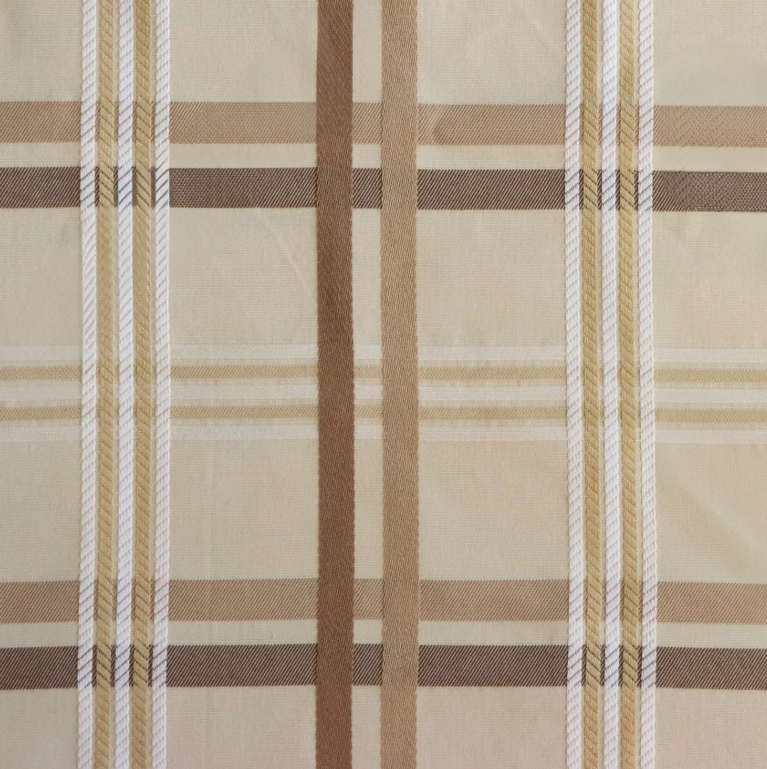 Close-up of Braxton Check fabric from Arte Fresca Outlet, highlighting the intricate woven texture and subtle color variations of the beige and brown plaid.