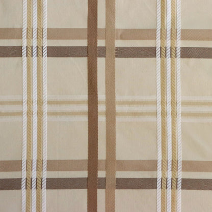 Close-up of Braxton Check fabric from Arte Fresca Outlet, highlighting the intricate woven texture and subtle color variations of the beige and brown plaid.
