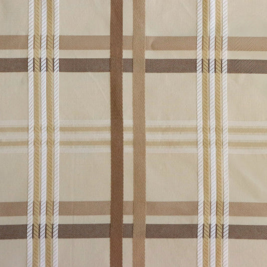 Close-up of Braxton Check fabric from Arte Fresca Outlet, highlighting the intricate woven texture and subtle color variations of the beige and brown plaid.