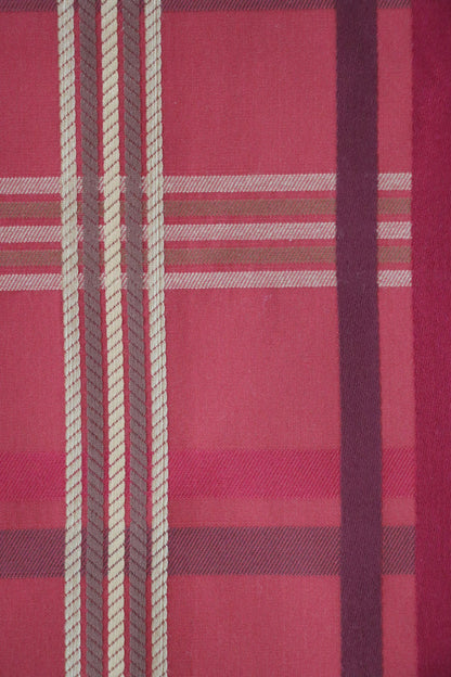 Detailed view of BRAXTON CHECK RASPBERRY fabric from ARTE FRESCA Outlet, highlighting the intricate weave of the traditional tartan-style pattern. Notice the fine herringbone lines and rich color blend of coral, burgundy, and raspberry.