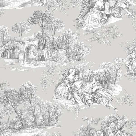 Flache Ansicht des extrabreiten Baumwollstoffes mit klassischem grauen Toile de Jouy Motiv