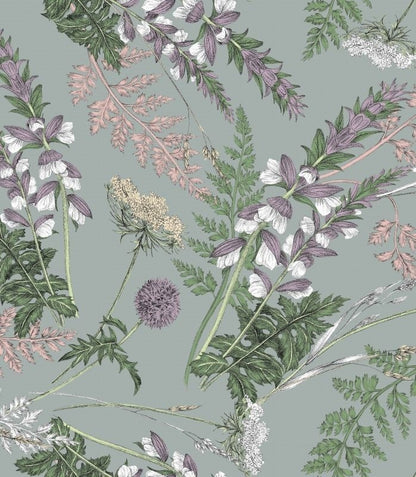 Botanical floral pattern featuring white and purple wildflowers, green and dusty pink leaves, and a muted sage green background.