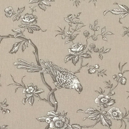 A detailed close-up shot of the Conway Brown fabric, highlighting the delicate, hand-drawn style of the birds and floral branches in grey on the beige background from Arte Fresca Outlet.