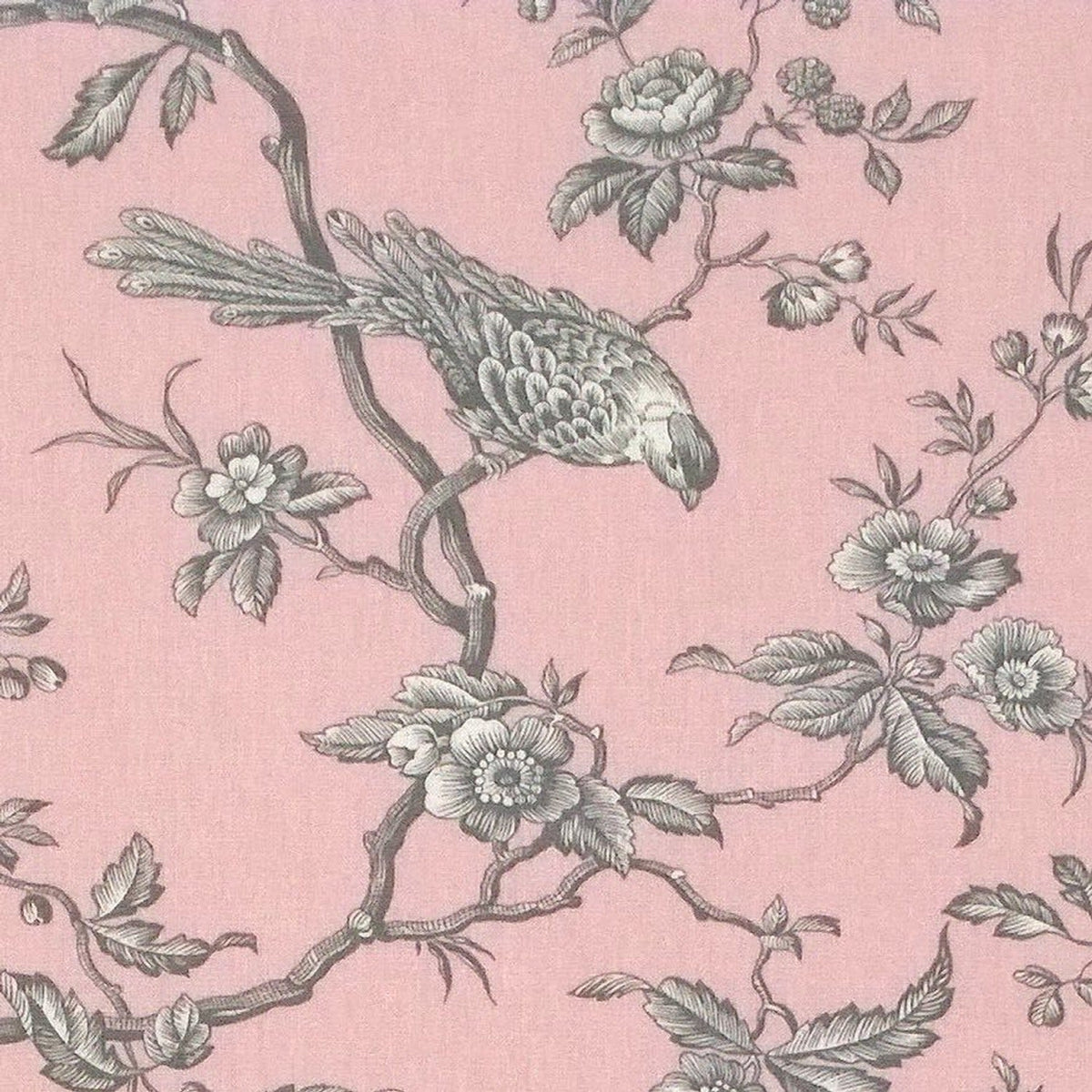 A detailed close-up shot of the Conway Rose fabric, highlighting the delicate, hand-drawn style of the birds and floral branches in grey on the rose background from Arte Fresca Outlet.