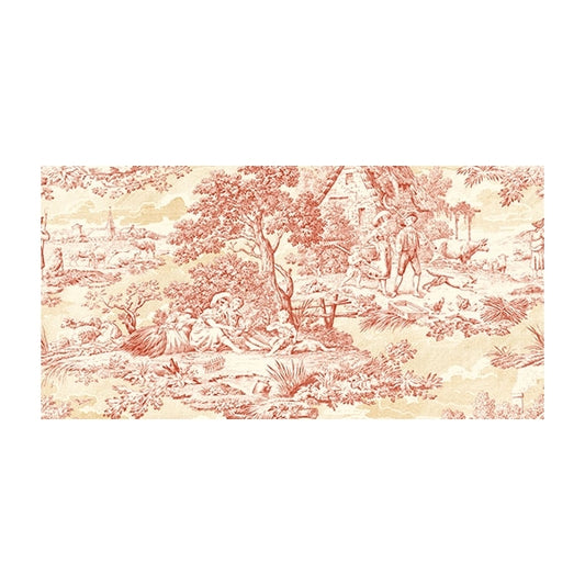 Flaches Muster des bedruckten Baumwollstoffes mit Toile de Jouy Motiven in kräftigem Rot auf hellem, grauem Grund passend zu image_b142f7.png