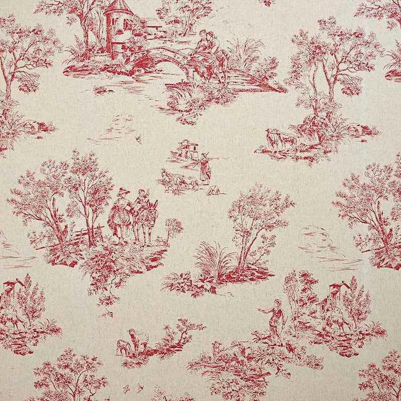 Red toile de Jouy patterned fabric on a warm beige linen-like background, featuring classic pastoral French landscape scenes with trees, figures, animals, and rustic architecture.
