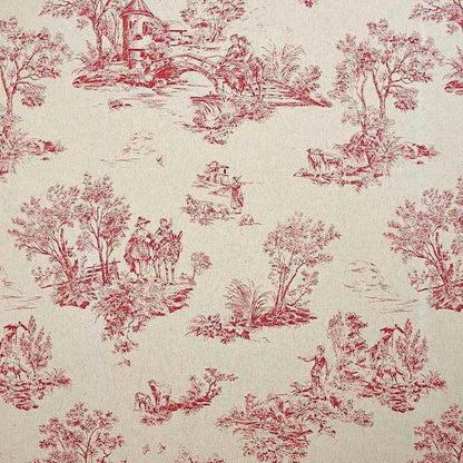 Red toile de Jouy patterned fabric on a warm beige linen-like background, featuring classic pastoral French landscape scenes with trees, figures, animals, and rustic architecture.