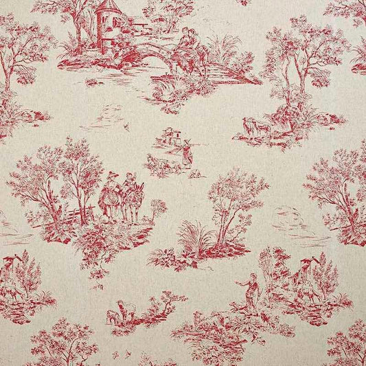 Red toile de Jouy patterned fabric on a warm beige linen-like background, featuring classic pastoral French landscape scenes with trees, figures, animals, and rustic architecture.