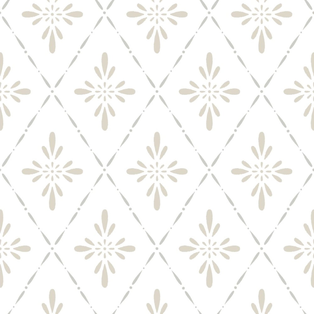 Makroaufnahme des floralen Motivs aus Kreisen und Ellipsen in Beige auf cremeweißem Grund