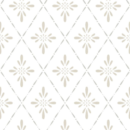 Makroaufnahme des floralen Motivs aus Kreisen und Ellipsen in Beige auf cremeweißem Grund