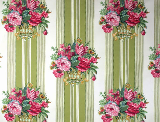 A close-up of a fabric  pattern featuring vertical sage green and cream stripes with ornate bouquets of pink and red flowers, green leaves, and gold accents.