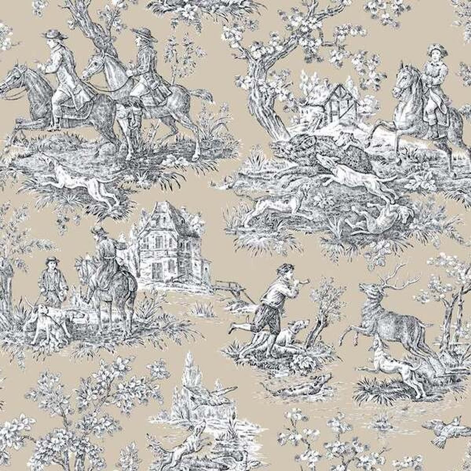 La Chasse Beige fabric coupon by Arte Fresca Outlet, showing a large view of the Toile de Jouy pattern with detailed hunting scenes in warm beige on light beige. This smooth, woven cotton fabric piece has a soft, matte finish, highlighting its natural texture and intricate design.
