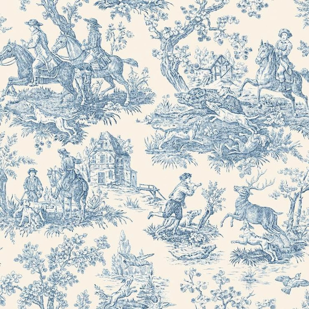 Close-up of La Chasse Bleu fabric coupon from Arte Fresca Outlet, revealing the intricate details of the Toile-de-Jouy print. Hunting scenes in classic blue are visible on the creamy white background, highlighting the fine lines and smooth texture of this 100% cotton fabric piece.