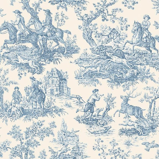 Close-up of La Chasse Bleu fabric coupon from Arte Fresca Outlet, revealing the intricate details of the Toile-de-Jouy print. Hunting scenes in classic blue are visible on the creamy white background, highlighting the fine lines and smooth texture of this 100% cotton fabric piece.