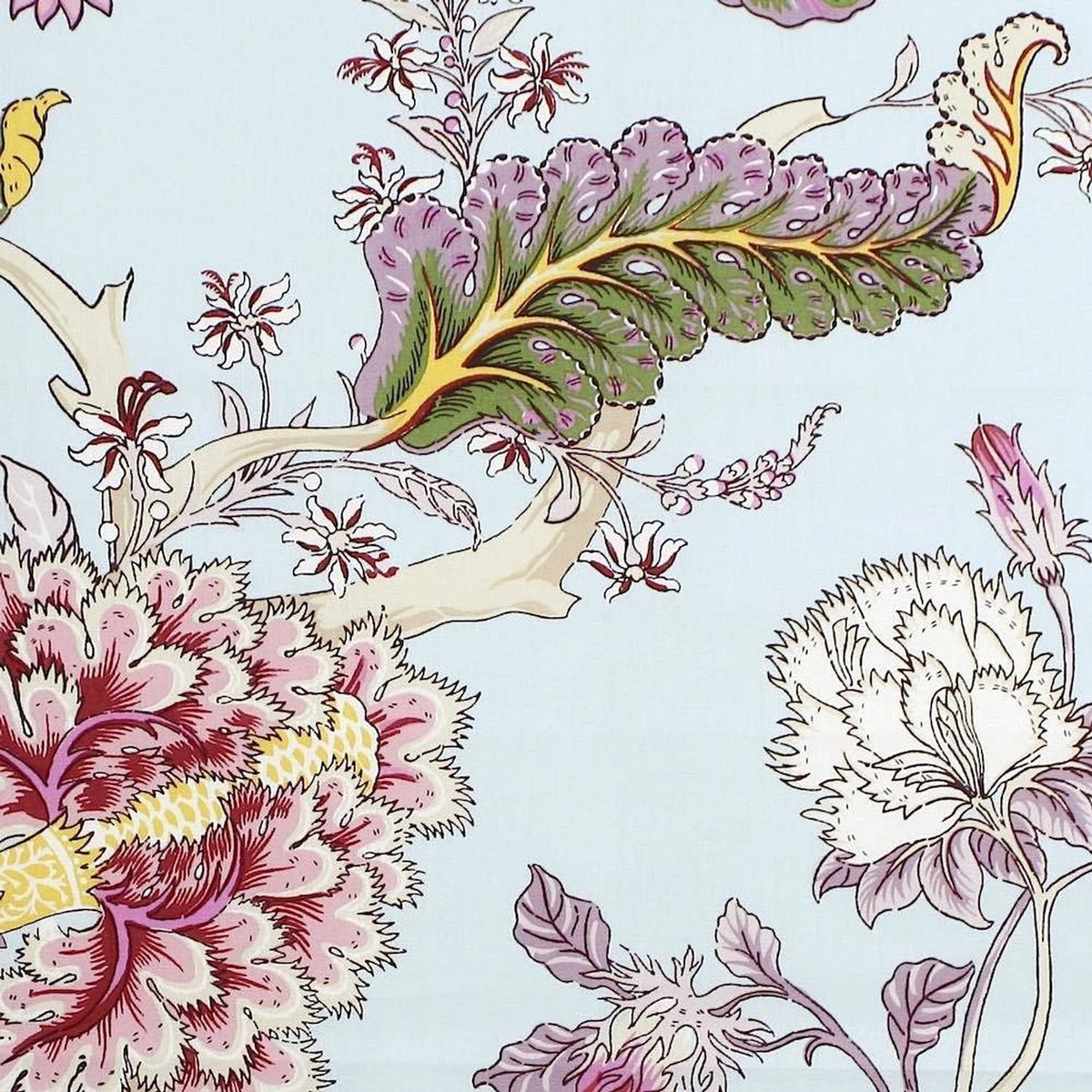  A detailed close-up of the LANDEVY MULTI HELLBLAU fabric coupon, showcasing the fine line work and vibrant colors of the large-scale floral pattern.