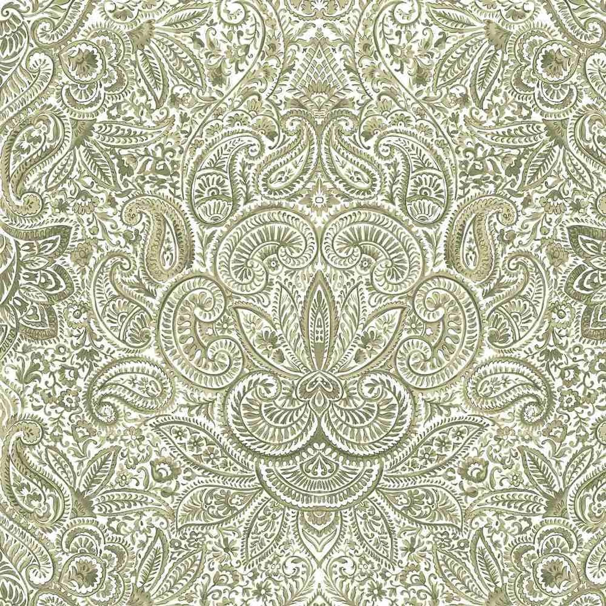LAVERNAT GREEN fabric by Arte Fresca Outlet, a smooth printed blend of 85% Ramie and 15% cotton, featuring an intricate green and beige paisley pattern on a light, off-white background, perfect for elegant curtains and decor.