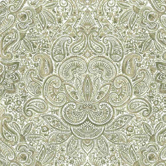 LAVERNAT GREEN fabric by Arte Fresca Outlet, a smooth printed blend of 85% Ramie and 15% cotton, featuring an intricate green and beige paisley pattern on a light, off-white background, perfect for elegant curtains and decor.