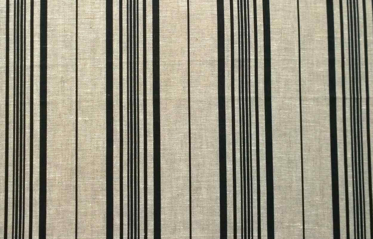 Beige linen fabric with a vertical stripe pattern in black and dark brown.