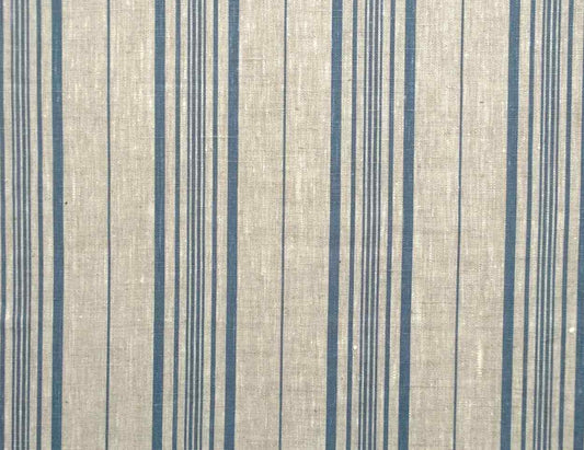 A close-up of a woven fabric with a textured beige background and vertical stripes in navy blue and thin gray lines.
