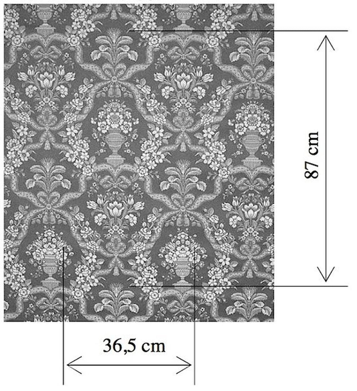 A black and white image of the Lorraine Turquoise woven fabric from Arte Fresca Outlet, showing the detailed damask pattern with superimposed measurements to indicate the horizontal rapport of 36.5 cm and the vertical rapport of 87 cm.