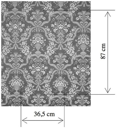A black and white image of the Lorraine Turquoise woven fabric from Arte Fresca Outlet, showing the detailed damask pattern with superimposed measurements to indicate the horizontal rapport of 36.5 cm and the vertical rapport of 87 cm.