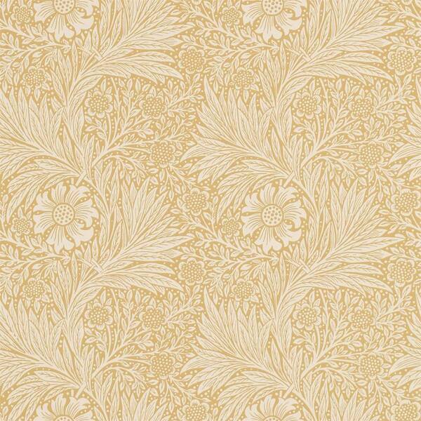 Flaches Muster des bedruckten William Morris Stoffs mit cremefarbenen floralen Details auf warmem Gelb