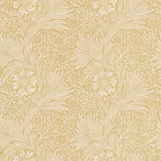 Flaches Muster des bedruckten William Morris Stoffs mit cremefarbenen floralen Details auf warmem Gelb