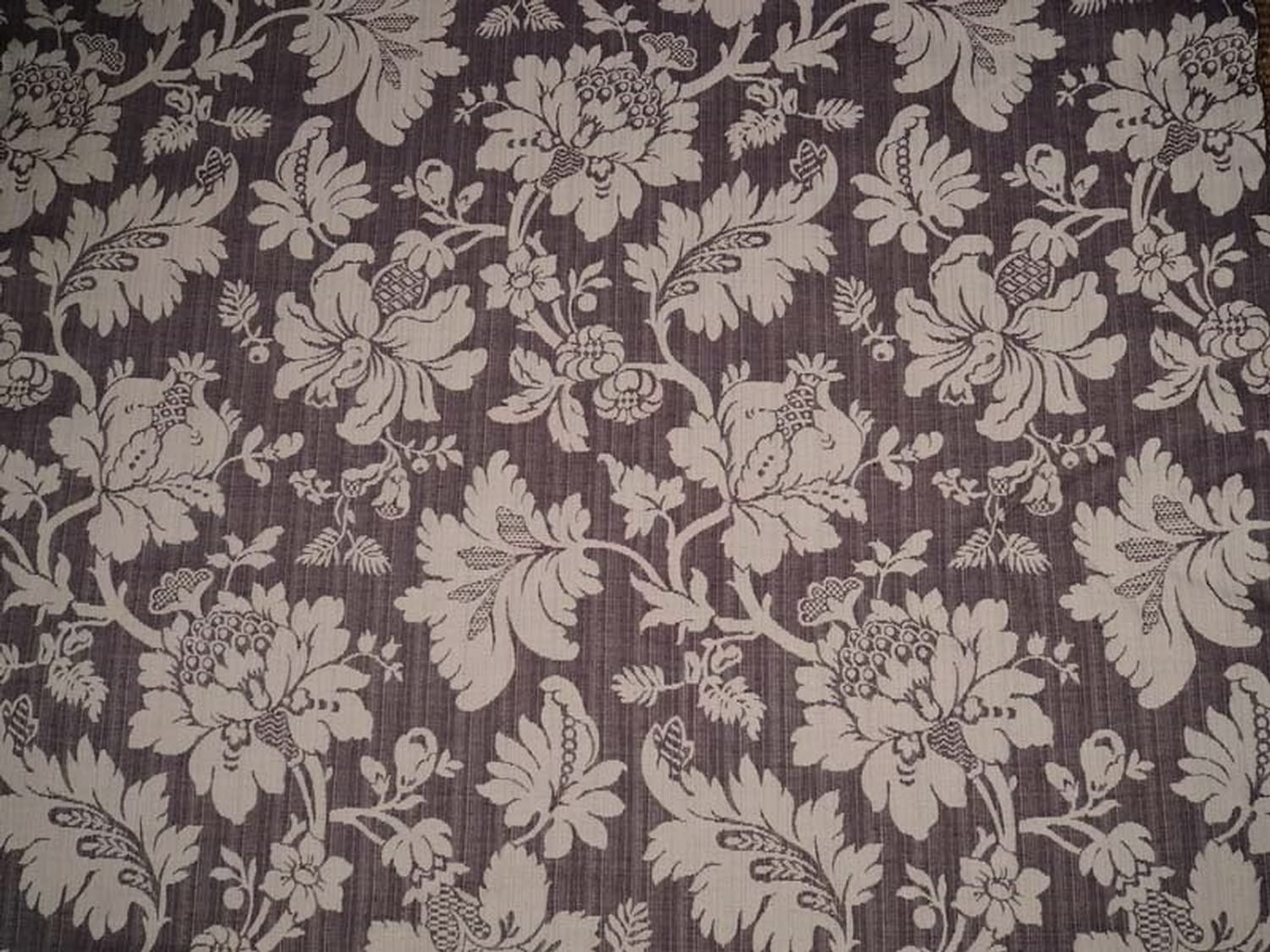 MARY AUBERGINE jacquard fabric by Arte Fresca Outlet, a full view displaying its opulent classic floral pattern with peonies and tendrils in beige on a deep aubergine ground, highlighting its relief texture and luxurious sheen.