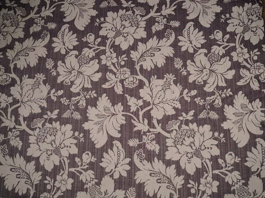 MARY AUBERGINE jacquard fabric by Arte Fresca Outlet, a full view displaying its opulent classic floral pattern with peonies and tendrils in beige on a deep aubergine ground, highlighting its relief texture and luxurious sheen.