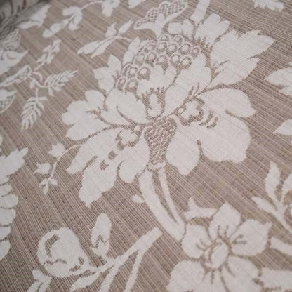 Close-up of MARY BEIGE jacquard fabric from Arte Fresca Outlet, revealing the intricate details of its large floral pattern, the subtle tonal beige colors, and the tactile, raised texture characteristic of jacquard weaving.
