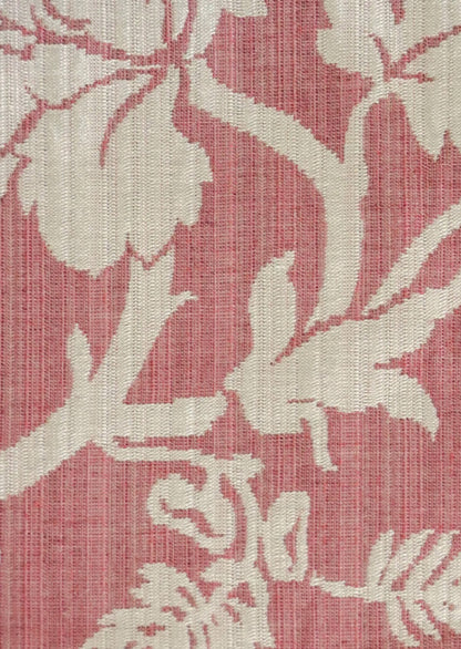 Close-up of MARY ROSE jacquard fabric from Arte Fresca Outlet, revealing its intricate woven texture and detailed floral motif. Creamy white rose and peony-like blossoms are prominent against the soft old rose background, showcasing the tactile elevation of the pattern and the fabric's luxurious composition.
