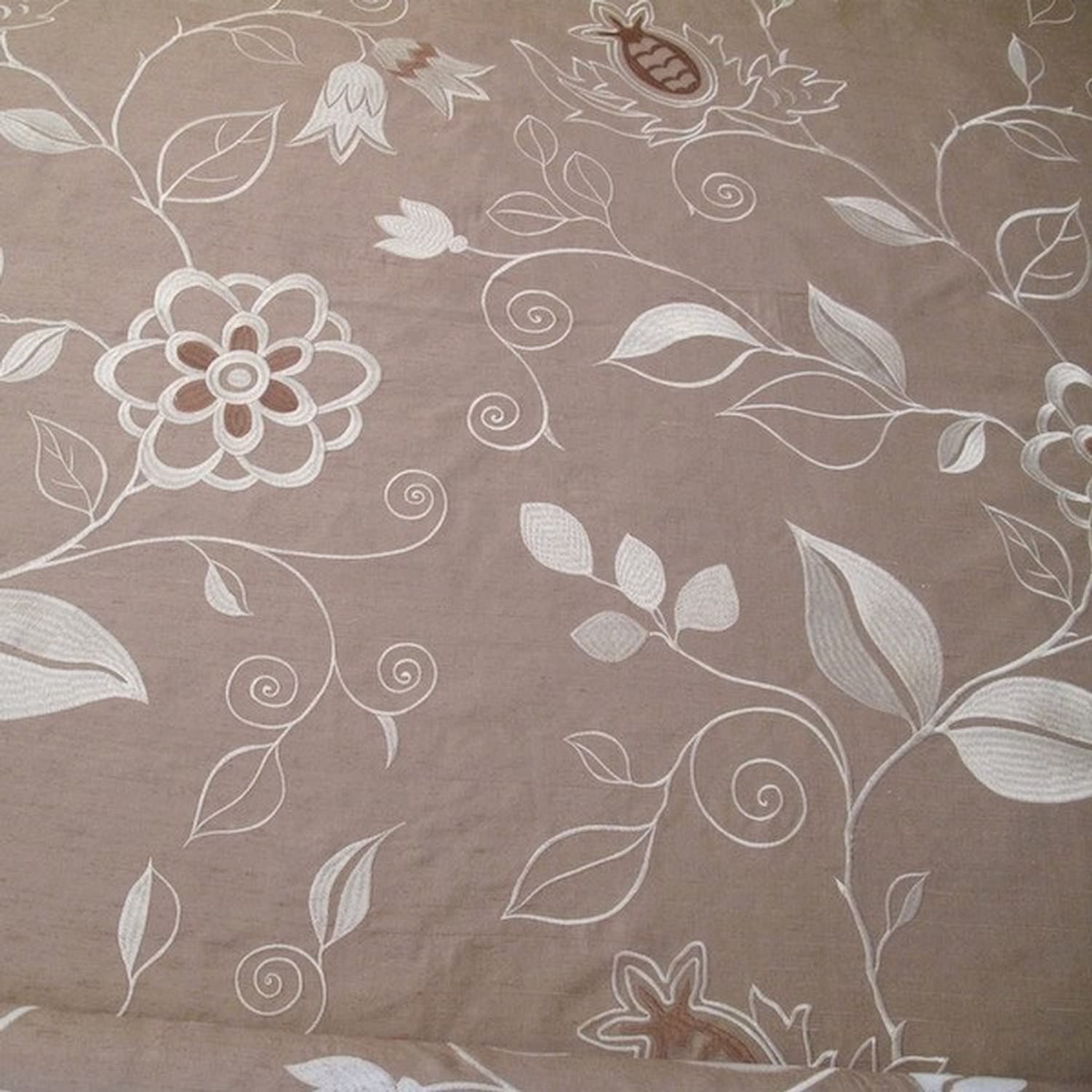 MOREEN LINEN embroidered silk fabric by Arte Fresca Outlet, a full view displaying its large floral embroidery in cream, ivory, and brown on a muted gold-beige silk ground, highlighting its elegant texture.