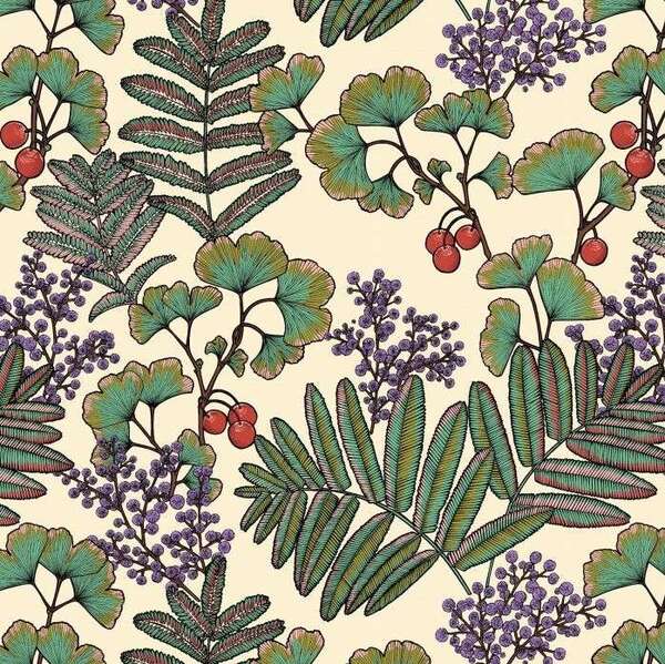 Nahaufnahme der bedruckten Textur und der zarten floralen Motive des Stoffes OSMOND FOND CREME