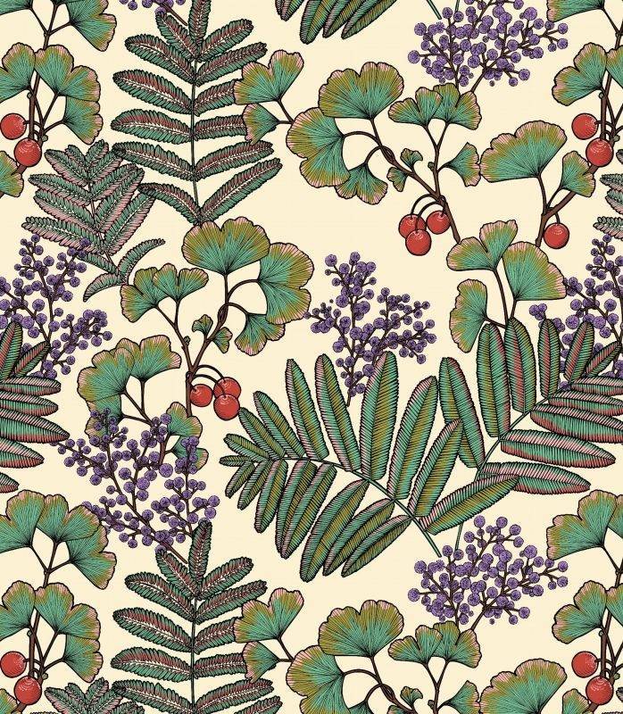A repeating botanical pattern featuring green and teal leaves, clusters of small purple berries, and red berries on a warm cream background.
