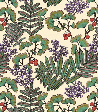A repeating botanical pattern featuring green and teal leaves, clusters of small purple berries, and red berries on a warm cream background.