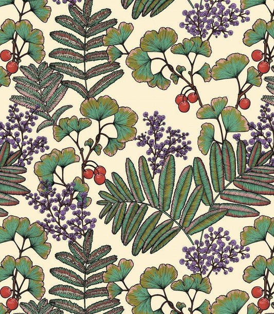 A repeating botanical pattern featuring green and teal leaves, clusters of small purple berries, and red berries on a warm cream background.
