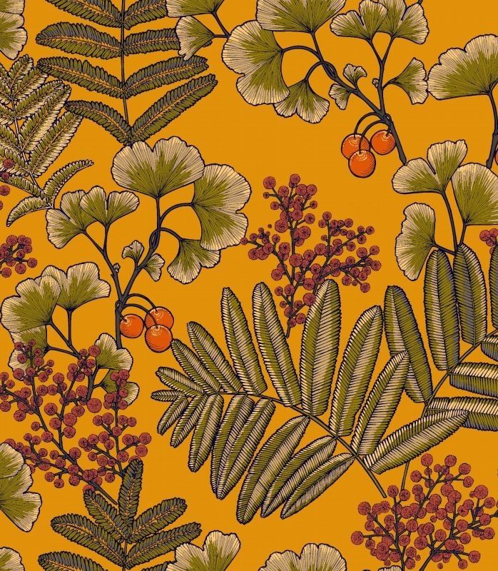 A repeating botanical pattern featuring olive green fern fronds, beige ginkgo leaves, and clusters of small orange berries on a warm mustard-yellow background.