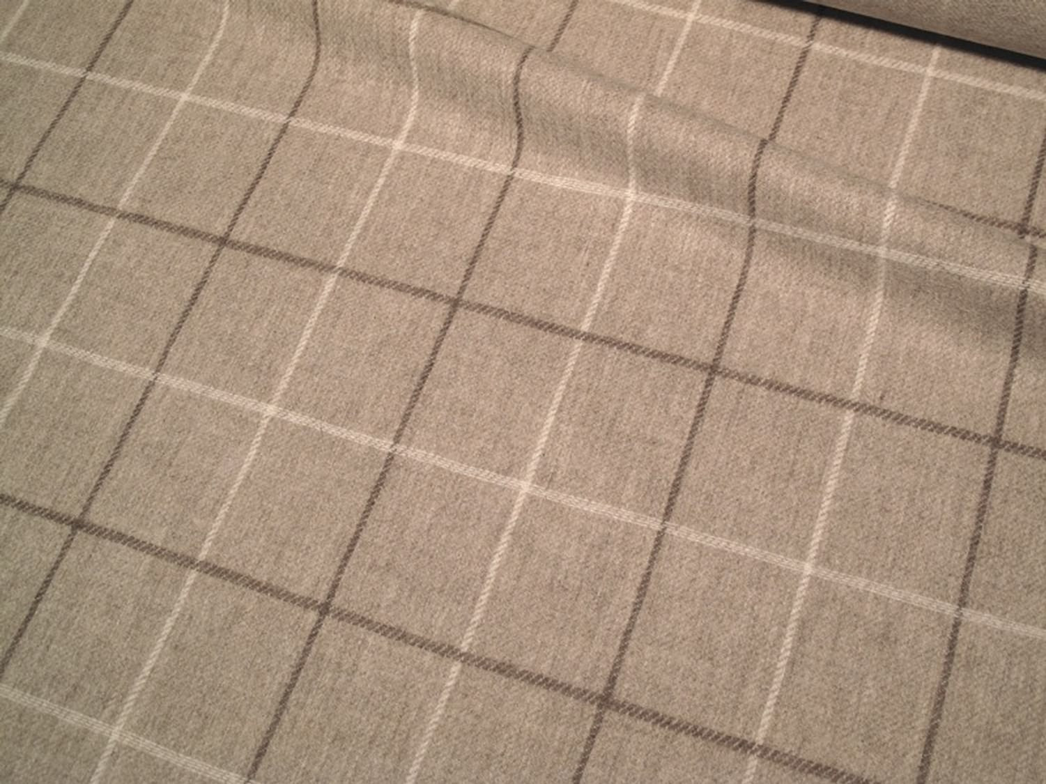 OXFORD CHECK NATURAL fabric by Arte Fresca Outlet, a full view displaying its classic woven check pattern in warm mottled light beige with brown-beige and cream-white accents, highlighting its 100% wool texture.

