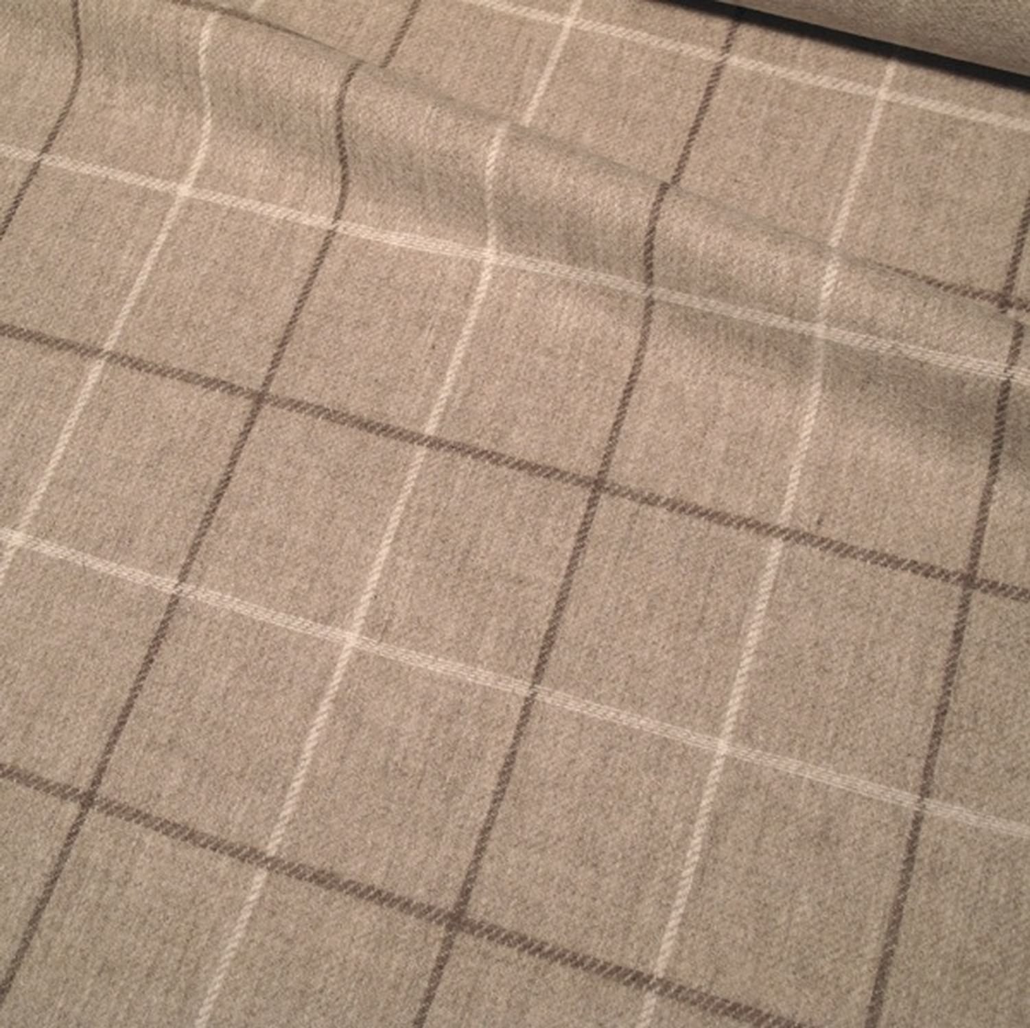 OXFORD CHECK NATURAL fabric by Arte Fresca Outlet, a full view displaying its classic woven check pattern in warm mottled light beige with brown-beige and cream-white accents, highlighting its 100% wool texture.

