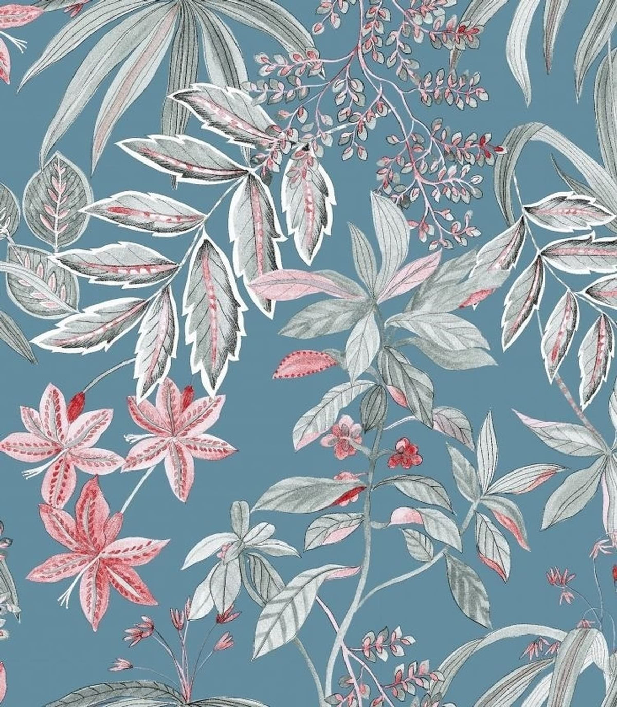 Oyeuse Fond Bleu fabric coupon by Arte Fresca Outlet, showing a large view of its botanical pattern. This printed 100% cotton fabric features lush leaves and delicate blossoms in gray and white tones with soft rose accents on a dove-blue background, showcasing a smooth texture and artistic sketch-like design.