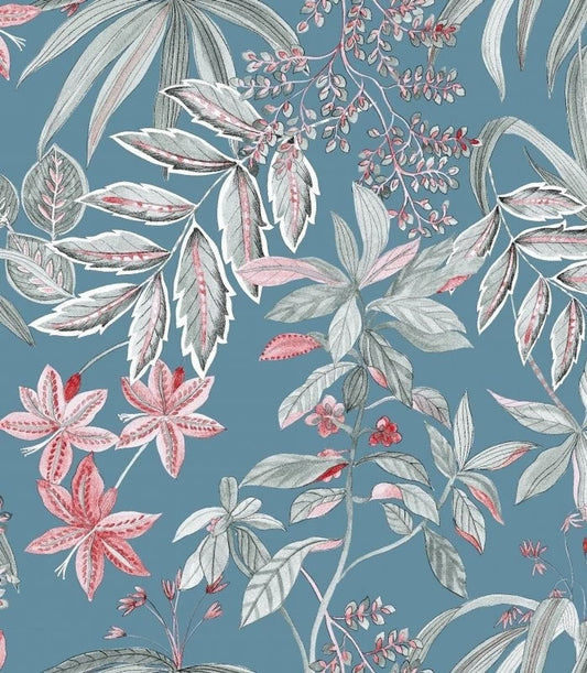 Oyeuse Fond Bleu fabric coupon by Arte Fresca Outlet, showing a large view of its botanical pattern. This printed 100% cotton fabric features lush leaves and delicate blossoms in gray and white tones with soft rose accents on a dove-blue background, showcasing a smooth texture and artistic sketch-like design.