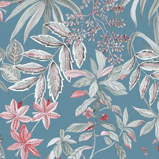 Close-up of Oyeuse Fond Bleu fabric coupon from Arte Fresca Outlet, revealing the intricate botanical print. Detailed leaves and subtle rose-tinted flowers on a dove-blue background highlight the smooth texture and fine details of this 100% cotton fabric piece.