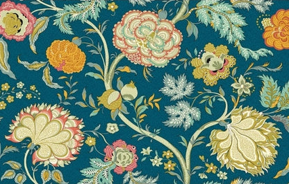 Peyton Petrol fabric coupon by Arte Fresca Outlet, showing a large view of the vibrant floral pattern on a deep petrol background. This printed 100% cotton fabric features lush, imaginative flowers in rose, orange, and yellow, with artistic leaves and tendrils, showcasing its smooth texture and rich color depth.