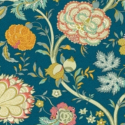 Close-up of Peyton Petrol fabric coupon from Arte Fresca Outlet, revealing the intricate details of the exotic floral pattern. Vibrant rose, orange, and yellow blooms with green foliage are clearly visible on the deep petrol background, highlighting the smooth texture and luxurious colors of this 100% cotton fabric piece.